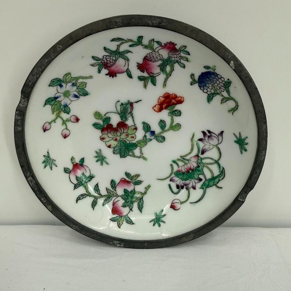 Vintage ACF Hong Kong Porcelain Floral Trinket Dish Metal Mounted 6"